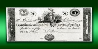 Maryland Farmers & Merchants Bank of Baltimore $5 Obsolete Note Choice Unc 2