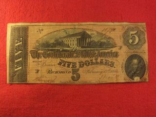1864 $5 Dollar Confederate Currency Banknote Note Civil War Era Csa Richmond Va.