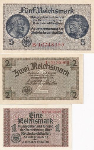 Germany,  1,  2 And 5 Reichsmark (1940 - 1945) Wwii Occupied Territories Unc (b53)