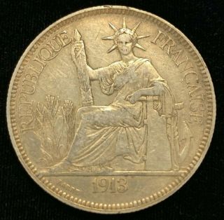 Rare 1913 France French Indo China Trade 1 Piastre Silver Coin Blot 004