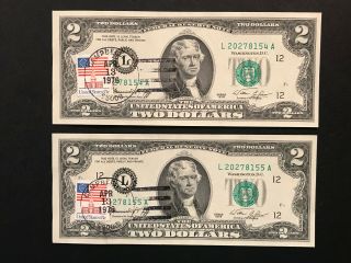 2 Consecutive Serial 1976 $2 Two Dollar Bill First Day Issue Postmark Stamp - B