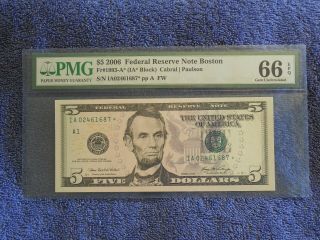 2006 $5 Frn Boston Star Note Pmg Gem - Uncirculated 66epq Fr - 1993 - A (ia Block)