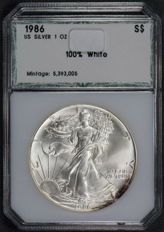 1986 1 Oz American Silver Eagle $1 " 100 White " Pci Green Label M528