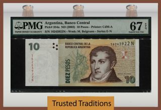 Tt Pk 354a Nd (2003) Argentina 10 Pesos Pmg 67 Epq Gem Uncirculated