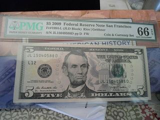 2009 $5 Federal Reserve Note From 2012 Coin And Currency Set Pmg66 Epq
