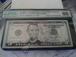 2009 $5 Federal Reserve Note From 2012 Coin and Currency Set PMG66 EPQ 3
