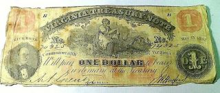 1862 $1 Virginia Treasury Note Civil War Era Obsolete Currency