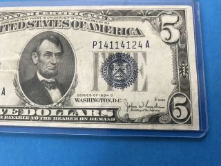 1934 C Blue Seal $5 Five Dollar Silver Certificate 3