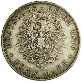 1876 - D German States Bavaria SILVER 5 Mark KM 896 VF 2
