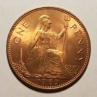 1967 Dei Gratia Regina FD penny with Queen Elizabeth II & Britannia on reverse 2