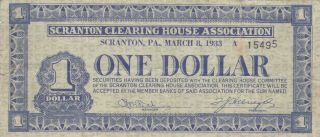 1 Dollar Vg - Fine Banknote From Usa/scranton Clearing House Association 1933