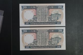 Hong Kong 1989 $20 HSBC note ch - UNC BC prefix 2 x notes (v433) 2