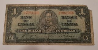 1937 Bank Of Canada $1 Dollar Banknote (coyne - Towers) Prefix Mn 7981236