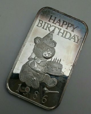Happy Birthday Teddy Bear Cake 1986 Madison 1 Troy Oz.  999 Fine Silver Bar