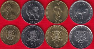 Somalia Set Of 4 Coins: 10 - 100 Shillings 2000 - 2002 Unc