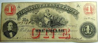 1862 $1 Virginia Treasury Note - Plate A Vf Red Milk Maid 105489