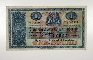 Edinburgh,  Scotland.  British Linen Bank 1947 1 Pound Issued Banknote,  Vf W&s