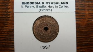 Rhodesia & Nyasaland Africa 1/2,  1 Penny 1957,  1961,  Hole in Center Bronze UNC 4