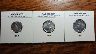 Vatican City 1,  2,  5 Lire Pope Pius Xii 1952,  1953 Aluminum Uncirculated Coins