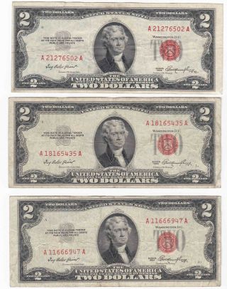 (3) 1953 Two Dollar $2 Bill Red Seal United States Currency Fr.  1509