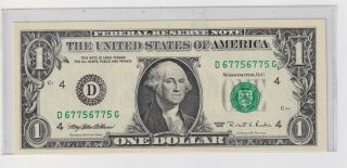 1995 $1 Dollar Federal Reserve Note W/repeater Serial Number D 67756775 G