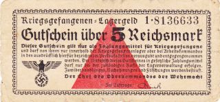 5 Reichsmark Vg - Fine German Concentration Camp Note From The Wehrmacht 1939
