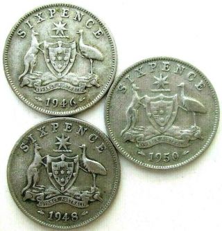 Australia Coins,  Sixpence 1946 & 1948 & 1950,  George Vi,  Silver 0.  500