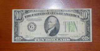 1934 $10 Ten Dollar Usa Federal Reserve Note Old Bill Money W/ Light Green Seal