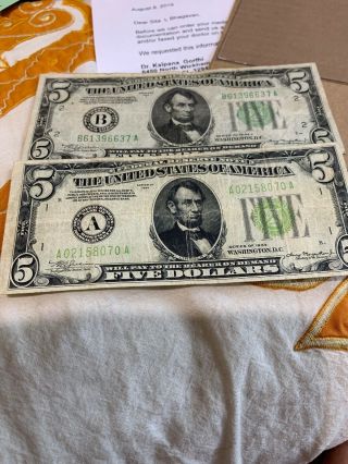 A Set Of 2 1934 $5 Bills.  No Imperfection