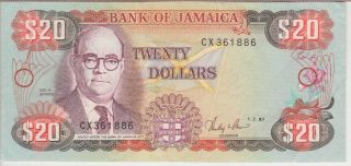 Jamaica Banknote P72b 20 Dollars,  1.  2.  87,  Ef,