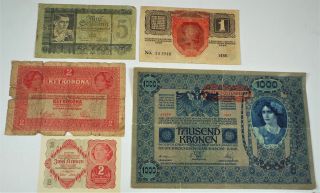 1902 1916 1917 1922 Austria 1,  2,  1000 Kronen 1945 Austria 5 Schilling