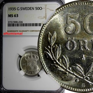Sweden Gustaf V Silver 1935 G 50 Ore Ngc Ms63 Km 788