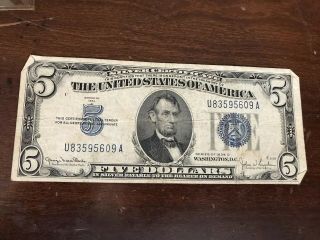 1934 D $5 Dollar Bill Old Us Paper Money Currency Blue Seal Note
