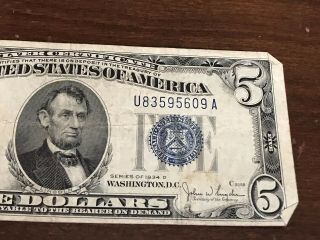 1934 D $5 DOLLAR BILL OLD US PAPER MONEY CURRENCY BLUE SEAL NOTE 3