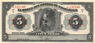 México / Chihuahua 5 Pesos Nd.  1913 Series A Circulated Banknote Mxan