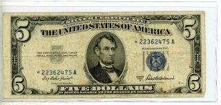 Series 1953 A Five Dollar Silver Certificate Star Note $5 Bill 2475 A