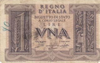 1939 Italy 1 Lira Note,  Pick 26