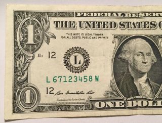 2009 $1 Fancy Serial Number Mixed Ladder L67123458W 2