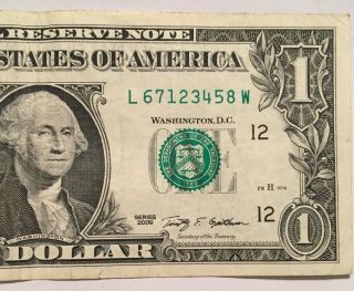 2009 $1 Fancy Serial Number Mixed Ladder L67123458W 3