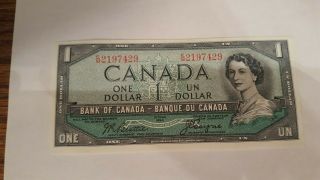 1954 Canadian 1 Dollar Bill E/m2197429 Crisp Bank Note