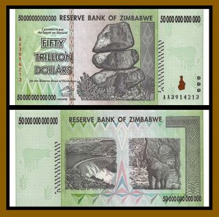 Zimbabwe 50 Trillion Dollars,  2008 Aa Unc,  10 & 100 Trillion Series