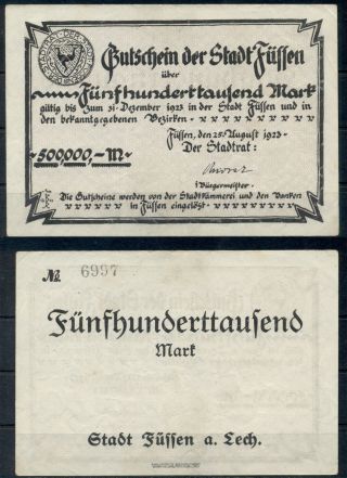 Germany 500000 Mark Fussen Banknote Notgeld Gutschein Negative Pressure 1923 Vf