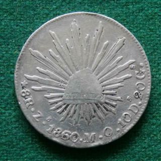 1860 Mexico Silver 8 Reales Coin Zs Mo Zacatecas Caps & Rays