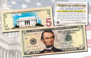 Legal Tender Colorized 2 - Sided $5 Five - Dollar U.  S.  Bill