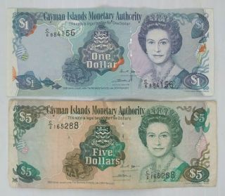 Cayman Islands Paper Money: 1 Dollar (2006 Series) & 5 Dollars (2005 Series)