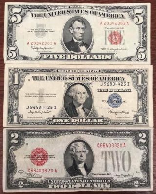 Usa Dollars Bill 2 & 5 With Red Ribbons And 1 Dollar Bill With Blue Ribbons 1935