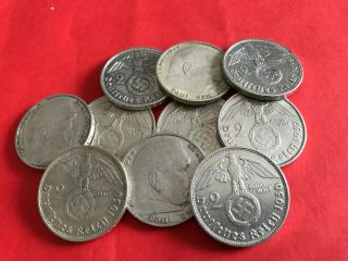 10 Conis 2 Reichsmark German Nazi Coin Silver Different Years With 1936 D