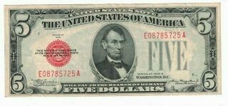 1928 B Us $5 Five Dollar Federal Reserve Ea Block Red Seal Bank Note H08785725