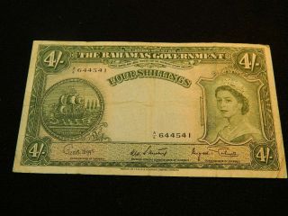 Bahamas 1953 Four (4) Shilling Q.  E Ii Banknote Sailing Ship