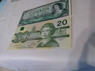 1991 $20 Canadian Bill & 1954 $1 Dollar Bill Bank Of Canada